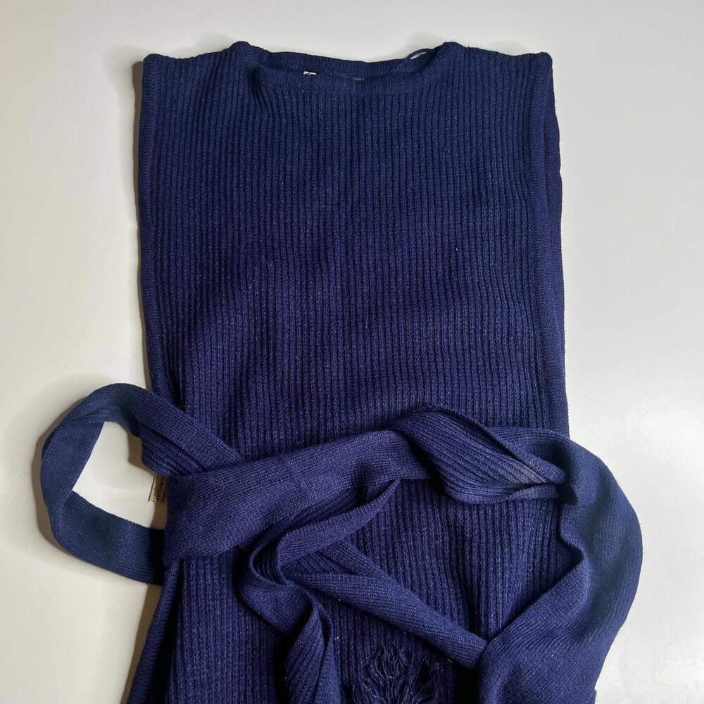 Vintage Total Eclipse‎ Pour Soi Knit Dress Navy Blue Fringe Belted Sleeveless L